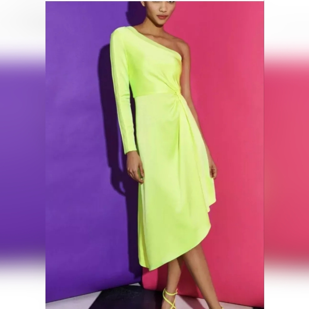 ALICE + OLIVIA Dora One-Shoulder Asymmetrical Yellow Neon Dress Size 6 - Picture 12 of 16